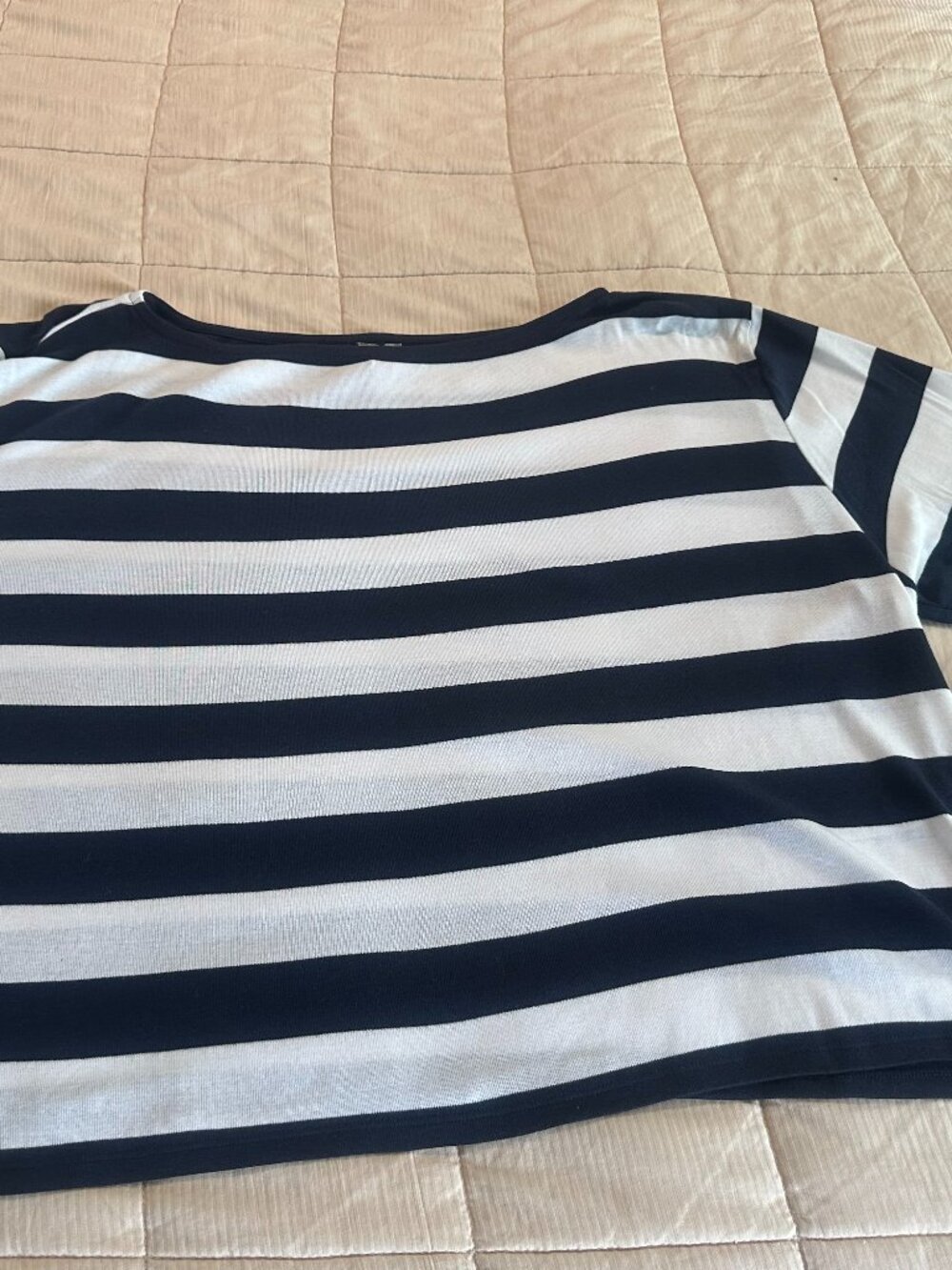 Chico’s Size 4 XXL Navy White Striped Boat Neck Top 3/4 Sleeve
